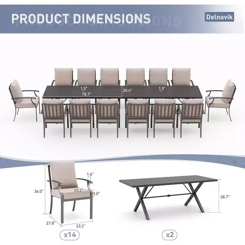 ALAULM Ensemble de Salle à Manger d'extérieur 16 pièces, Meubles de Patio en Métal avec 14 Chaises Fixes et 2 Grandes Tables avec Parasol pour Jardin