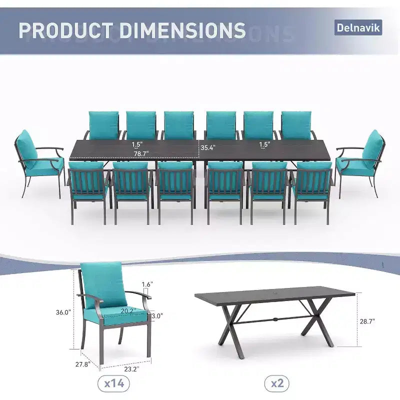 ALAULM Ensemble de Salle à Manger d'extérieur 16 pièces, Meubles de Patio en Métal avec 14 Chaises Fixes et 2 Grandes Tables avec Parasol pour Jardin