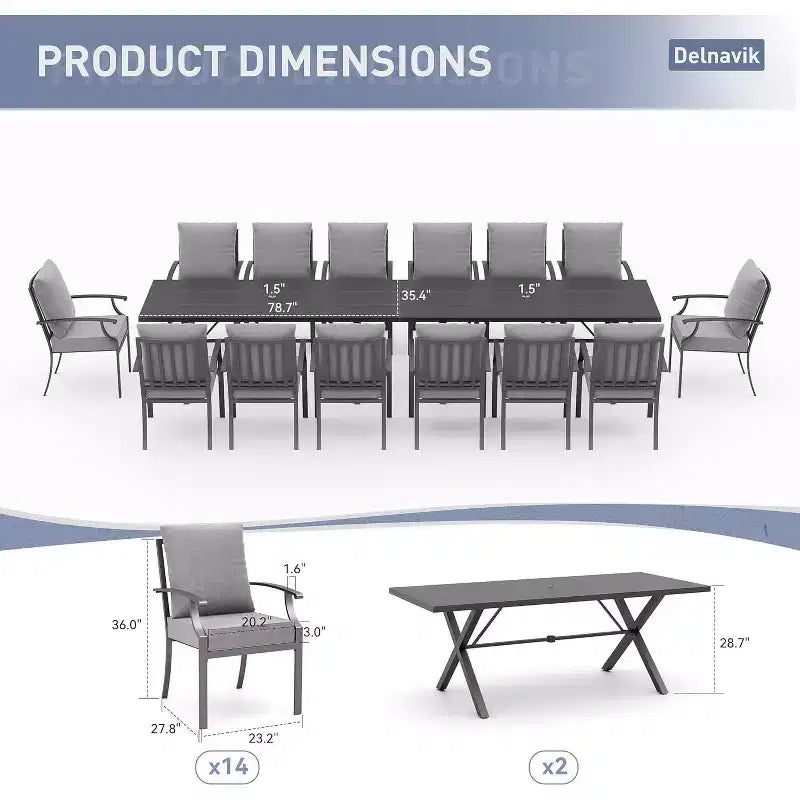 ALAULM Ensemble de Salle à Manger d'extérieur 16 pièces, Meubles de Patio en Métal avec 14 Chaises Fixes et 2 Grandes Tables avec Parasol pour Jardin