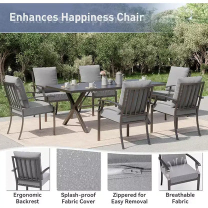ALAULM Ensemble de Salle à Manger d'extérieur 16 pièces, Meubles de Patio en Métal avec 14 Chaises Fixes et 2 Grandes Tables avec Parasol pour Jardin