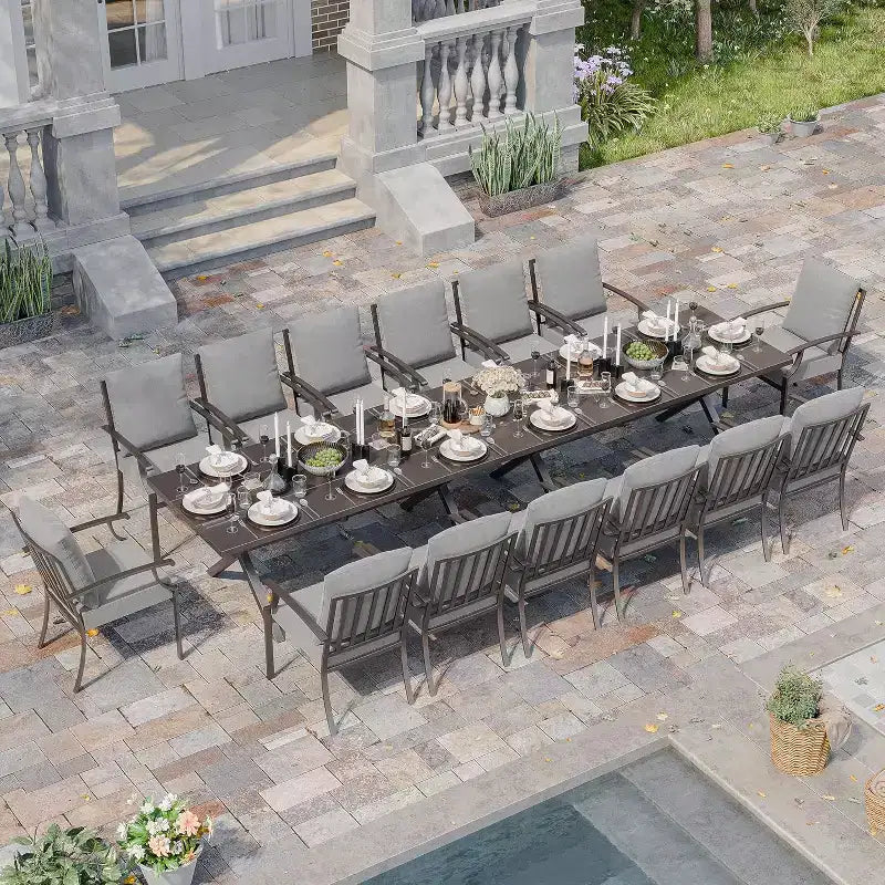 ALAULM Ensemble de Salle à Manger d'extérieur 16 pièces, Meubles de Patio en Métal avec 14 Chaises Fixes et 2 Grandes Tables avec Parasol pour Jardin