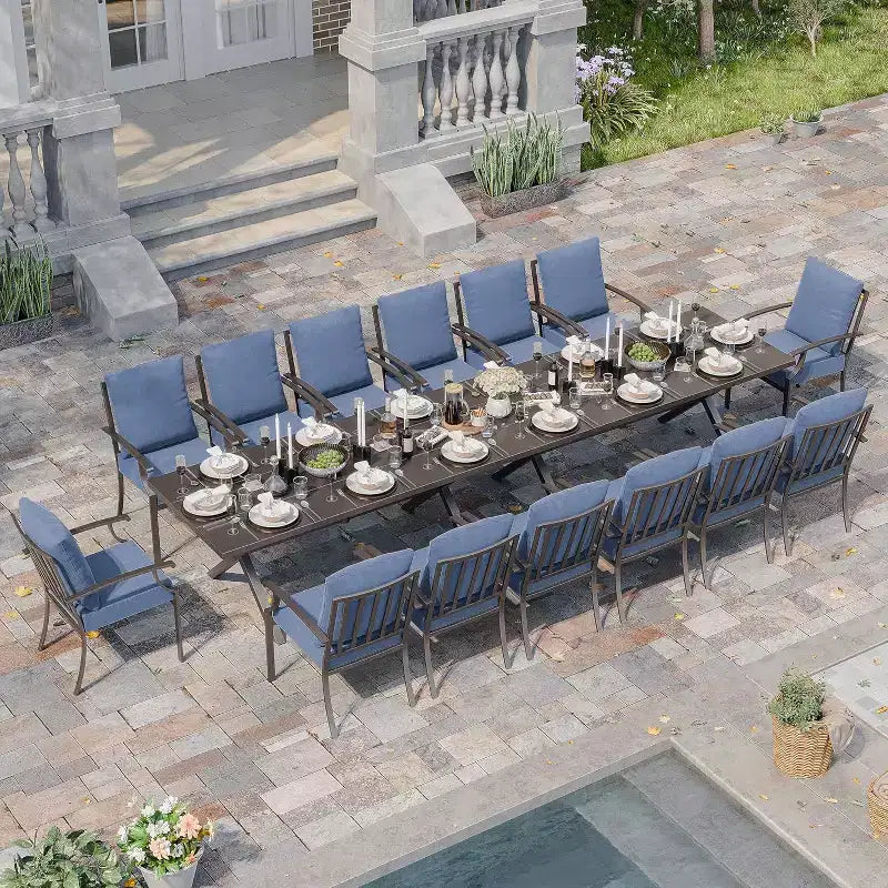 ALAULM Ensemble de Salle à Manger d'extérieur 16 pièces, Meubles de Patio en Métal avec 14 Chaises Fixes et 2 Grandes Tables avec Parasol pour Jardin