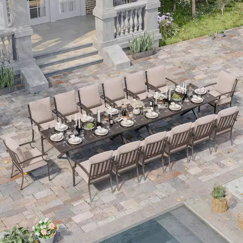 ALAULM Ensemble de Salle à Manger d'extérieur 16 pièces, Meubles de Patio en Métal avec 14 Chaises Fixes et 2 Grandes Tables avec Parasol pour Jardin