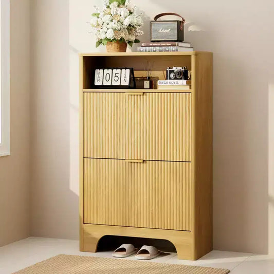 Homy Casa 2-Tier Modern Shoe Cabinet with Flip-Down Doors and Open Shelf