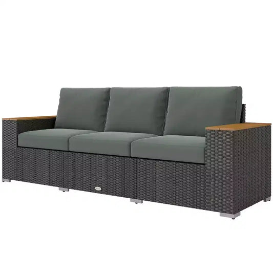 3-Seat Outdoor Patio Sofa with Cushions, PE Rattan Wicker Sofa with Wide Armrests, Outdoor Wicker Couch