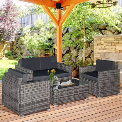 Set di mobili da giardino in vimini a 4 pezzi con cuscini, mobili da esterno componibili con 2 divani, divanetto e tavolino da caffè con ripiano in vetro, set divano da conversazione