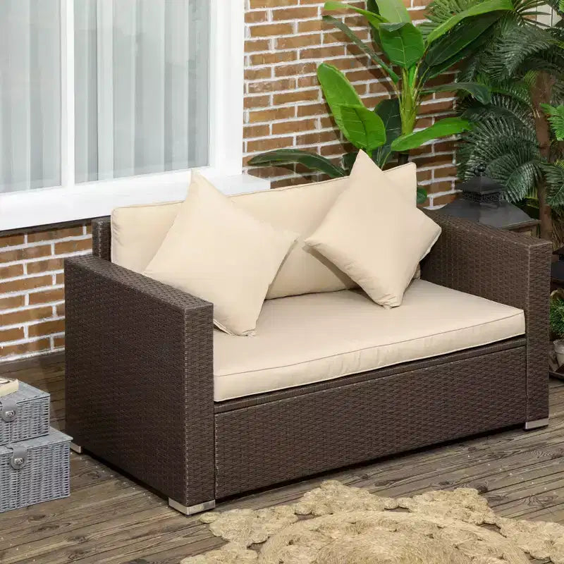 Divanetto da Esterno in Vimini, Divano da Patio con Cuscini, Divano in Rattan PE a 2 Posti, 2 Cuscini Decorativi
