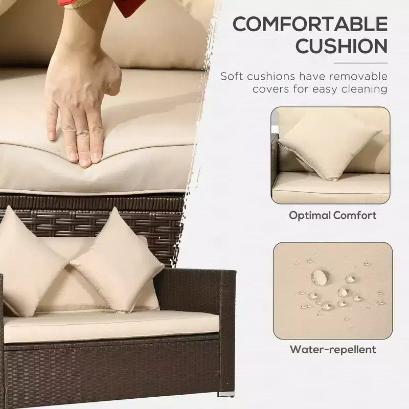 Divanetto da Esterno in Vimini, Divano da Patio con Cuscini, Divano in Rattan PE a 2 Posti, 2 Cuscini Decorativi