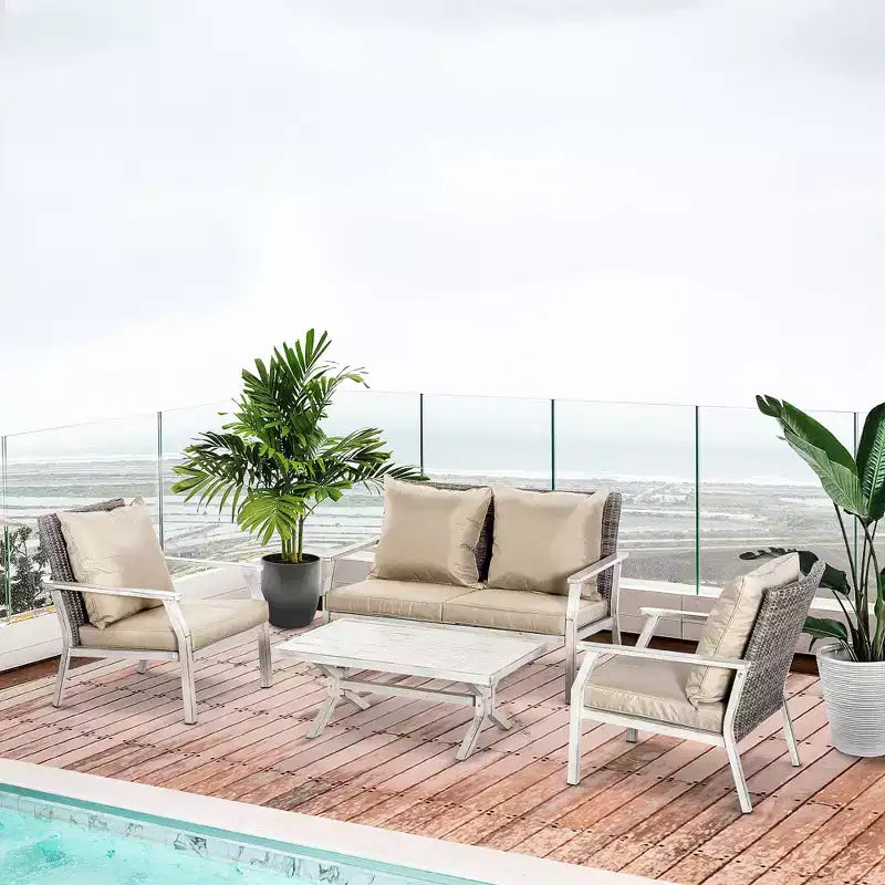 Set di mobili da patio a 4 pezzi con cuscini, set divano da conversazione in vimini da esterno, set divano con telaio in alluminio per cortile, bordo piscina, giardino