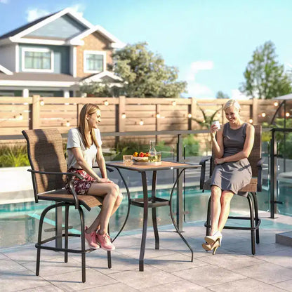 Lot de 2 tabourets de bar pivotants d'extérieur avec accoudoirs, chaises de terrasse hauteur bar avec cadre en acier pour balcon, bord de piscine