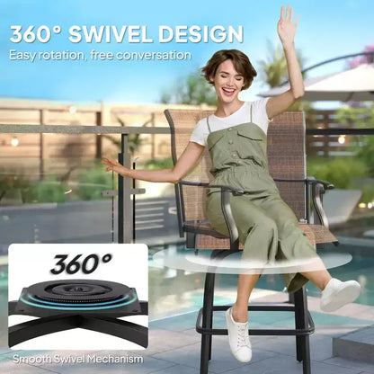 Lot de 2 tabourets de bar pivotants d'extérieur avec accoudoirs, chaises de terrasse hauteur bar avec cadre en acier pour balcon, bord de piscine