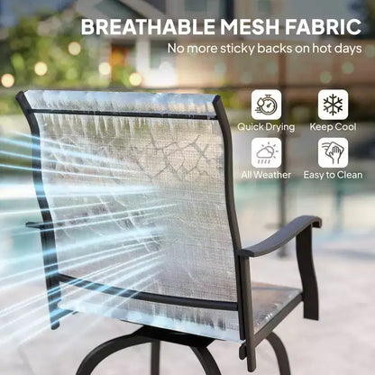Lot de 2 tabourets de bar pivotants d'extérieur avec accoudoirs, chaises de terrasse hauteur bar avec cadre en acier pour balcon, bord de piscine
