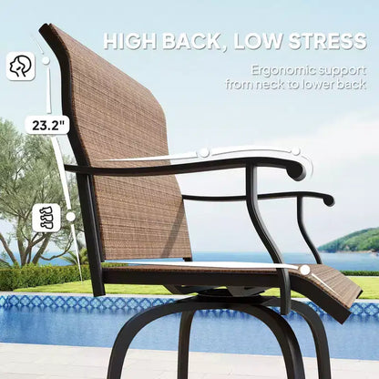 Lot de 2 tabourets de bar pivotants d'extérieur avec accoudoirs, chaises de terrasse hauteur bar avec cadre en acier pour balcon, bord de piscine