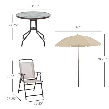 Ensemble de salle à manger de patio 6 pièces pour 4 avec parasol, table et chaises d'extérieur avec 4 chaises pliantes et table ronde en verre
