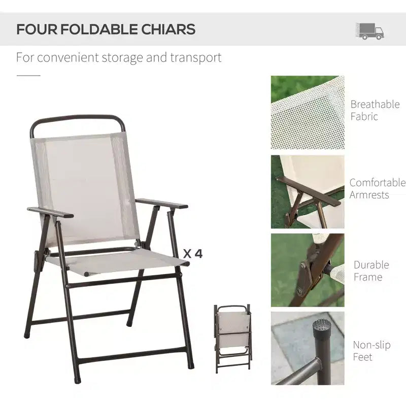 Ensemble de salle à manger de patio 6 pièces pour 4 avec parasol, table et chaises d'extérieur avec 4 chaises pliantes et table ronde en verre