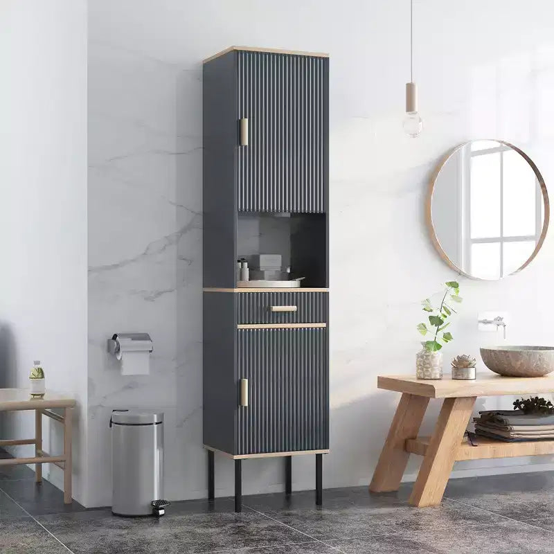 Armadietto Alto per Bagno, Mobile Salvaspazio da Terra con Ante e Cassetto
