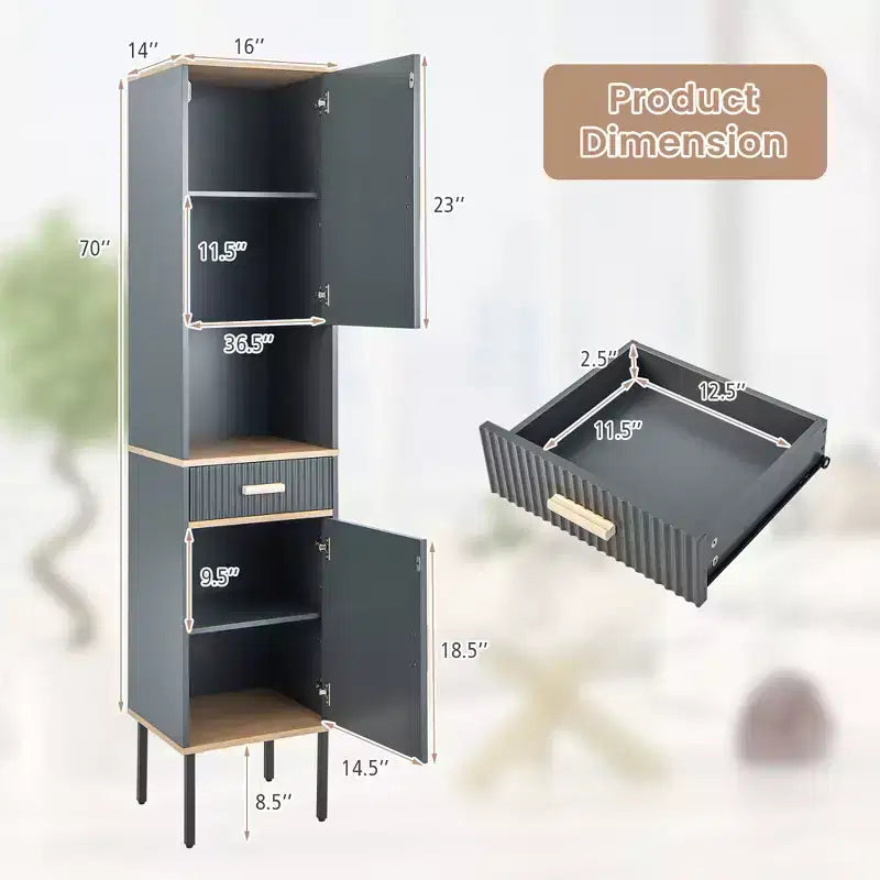 Armadietto Alto per Bagno, Mobile Salvaspazio da Terra con Ante e Cassetto
