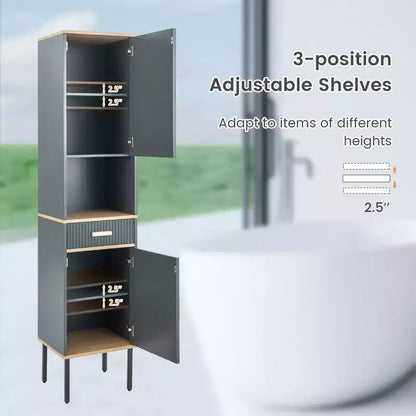 Armadietto Alto per Bagno, Mobile Salvaspazio da Terra con Ante e Cassetto