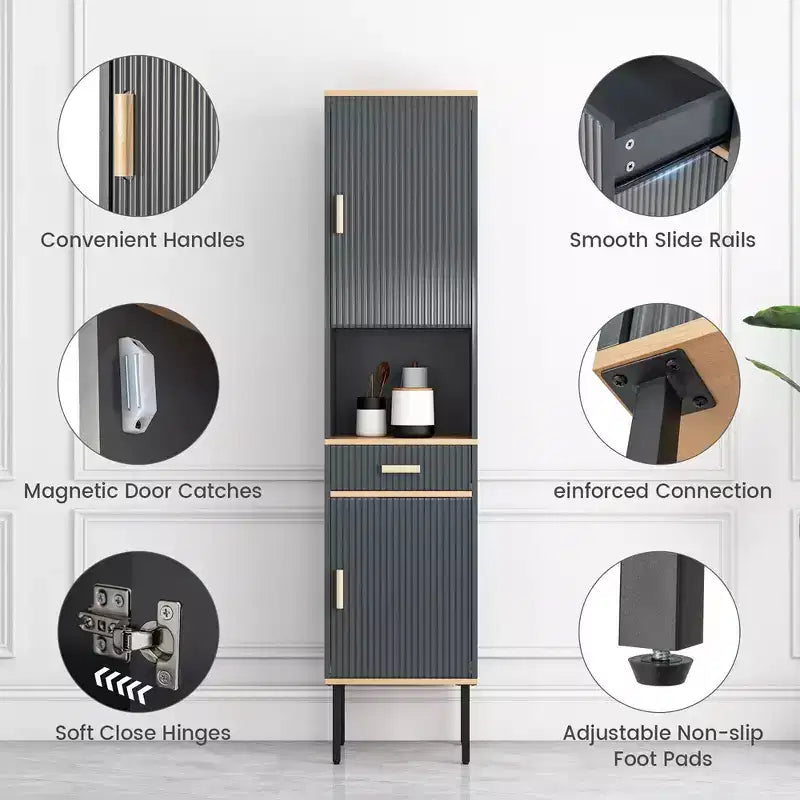 Armadietto Alto per Bagno, Mobile Salvaspazio da Terra con Ante e Cassetto