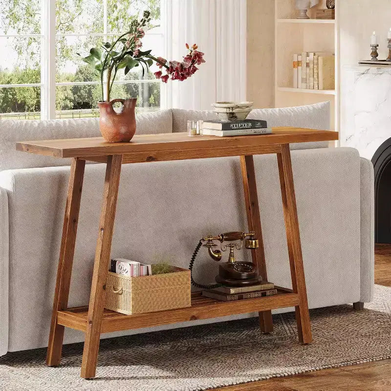 Consolle a 2 ripiani in legno massello, tavolo da ingresso da 105 cm con ripiano portaoggetti, tavolino stretto da divano