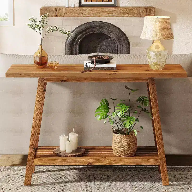 Consolle a 2 ripiani in legno massello, tavolo da ingresso da 105 cm con ripiano portaoggetti, tavolino stretto da divano