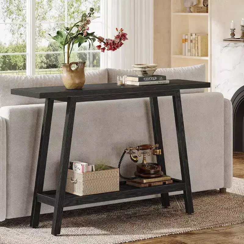 Consolle a 2 ripiani in legno massello, tavolo da ingresso da 105 cm con ripiano portaoggetti, tavolino stretto da divano