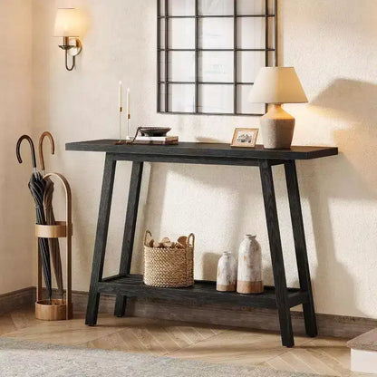 Consolle a 2 ripiani in legno massello, tavolo da ingresso da 105 cm con ripiano portaoggetti, tavolino stretto da divano