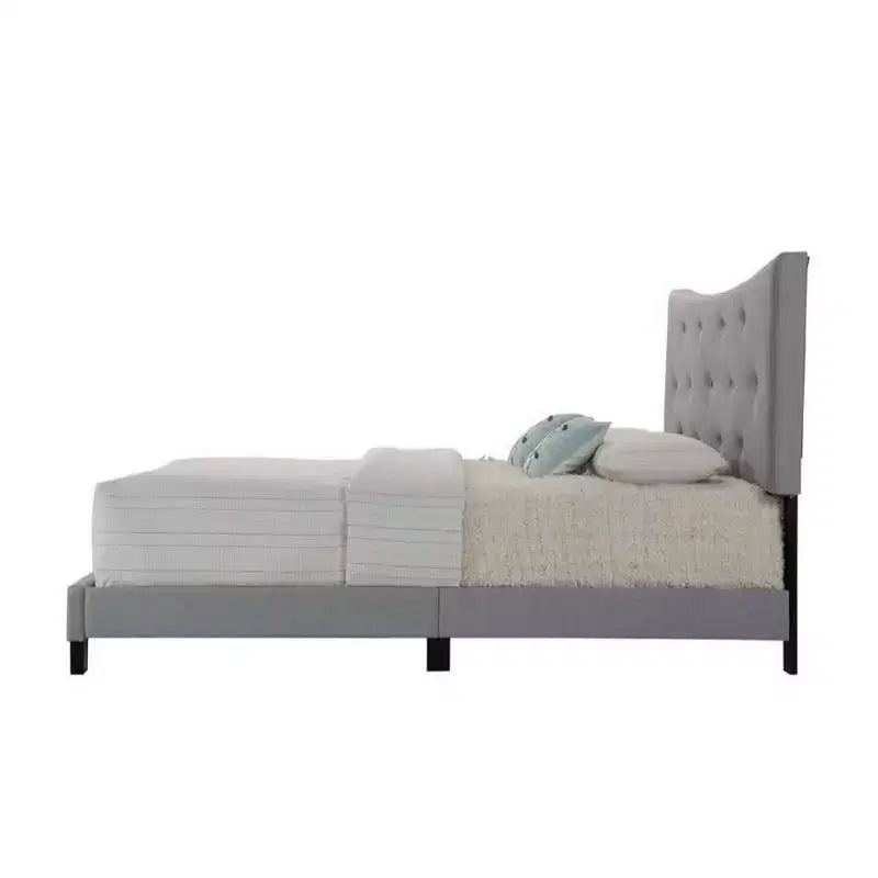 Letto a piattaforma Queen imbottito contemporaneo, tessuto grigio, testiera capitonné, senza bisogno di rete