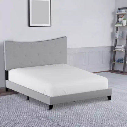 Letto a piattaforma Queen imbottito contemporaneo, tessuto grigio, testiera capitonné, senza bisogno di rete