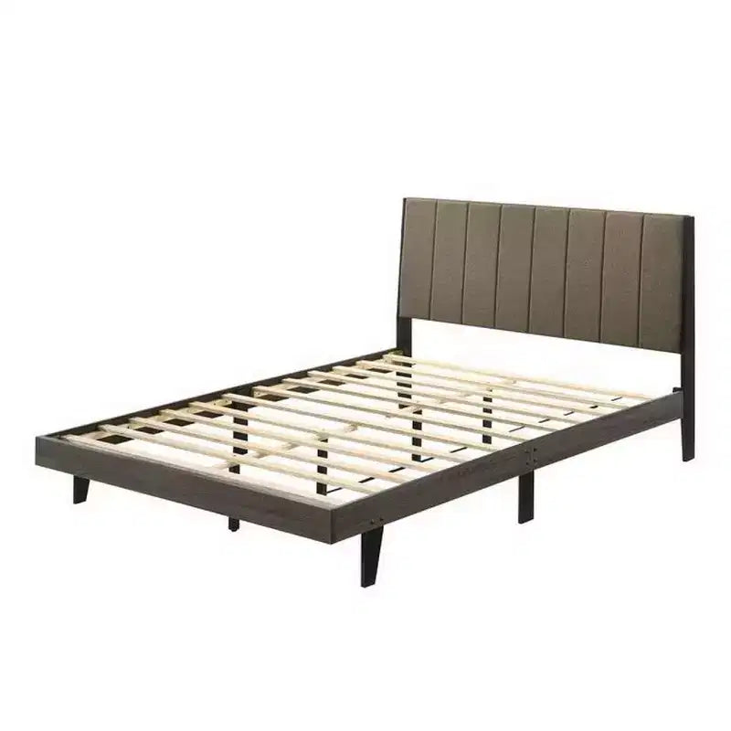 Royal Hampton 85 Inch Wood Queen Platform Bed, Channel Tufting, Taupe Brown Fabric