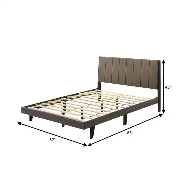 Letto Queen a piattaforma in legno da 85", testiera capitonné a canale, tessuto marrone talpa, 12 doghe incluse