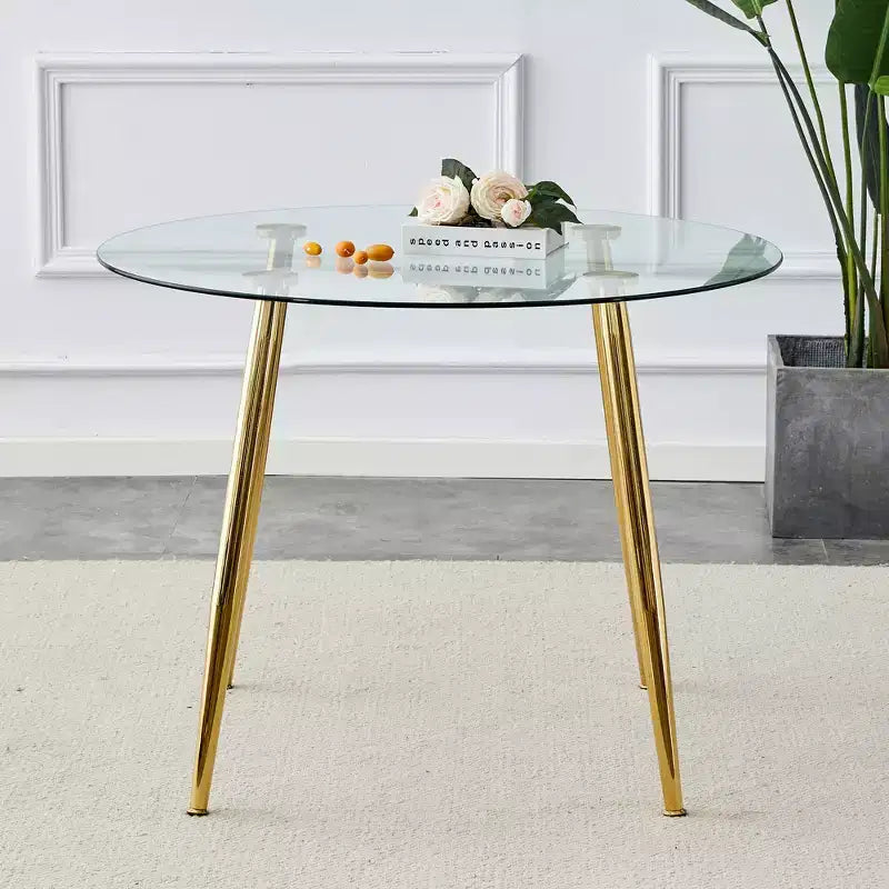 Tavolo da Pranzo Rotondo in Vetro, Tavolo da Pranzo Circolare Moderno Minimalista da 40 Pollici con Gambe in Metallo Placcate Oro per Cucina Sala da Pranzo, Oro