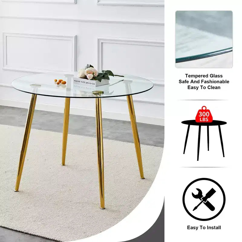 Tavolo da Pranzo Rotondo in Vetro, Tavolo da Pranzo Circolare Moderno Minimalista da 40 Pollici con Gambe in Metallo Placcate Oro per Cucina Sala da Pranzo, Oro