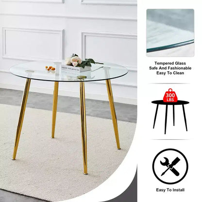 Tavolo da Pranzo Rotondo in Vetro, Tavolo da Pranzo Circolare Moderno Minimalista da 40 Pollici con Gambe in Metallo Placcate Oro per Cucina Sala da Pranzo, Oro