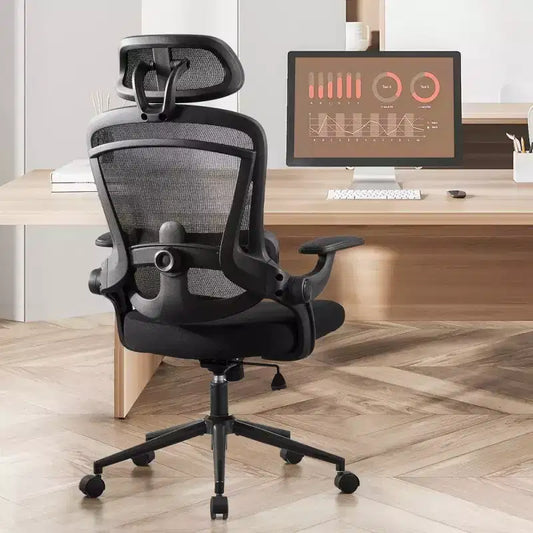 Sedia da ufficio ergonomica in rete con schienale alto, supporto lombare e poggiatesta regolabili, braccioli ribaltabili, portata 125 kg