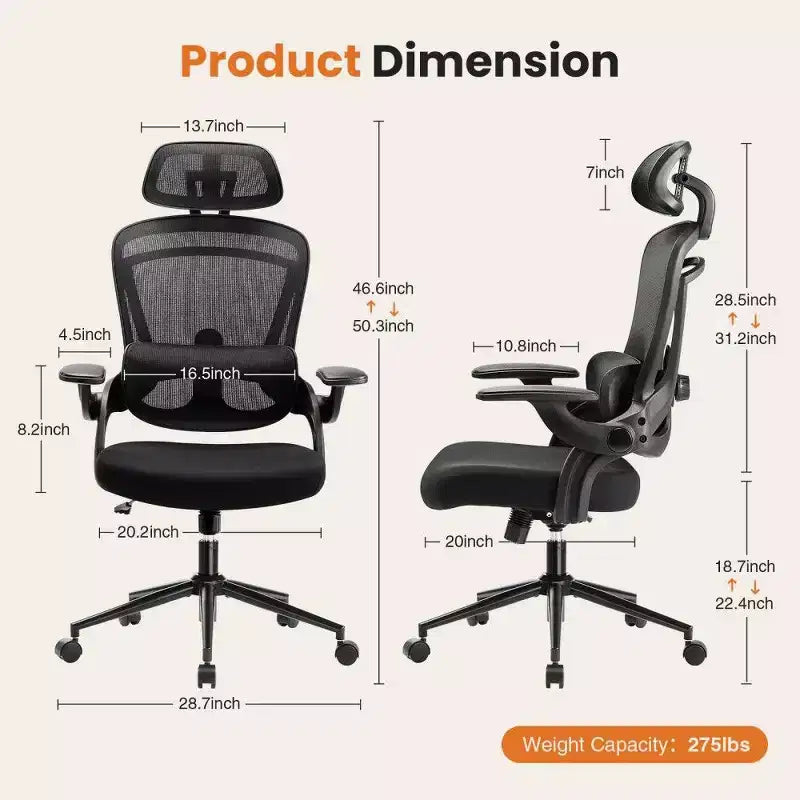 Sedia da ufficio ergonomica in rete con schienale alto, supporto lombare e poggiatesta regolabili, braccioli ribaltabili, portata 125 kg