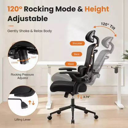 Sedia da ufficio ergonomica in rete con schienale alto, supporto lombare e poggiatesta regolabili, braccioli ribaltabili, portata 125 kg
