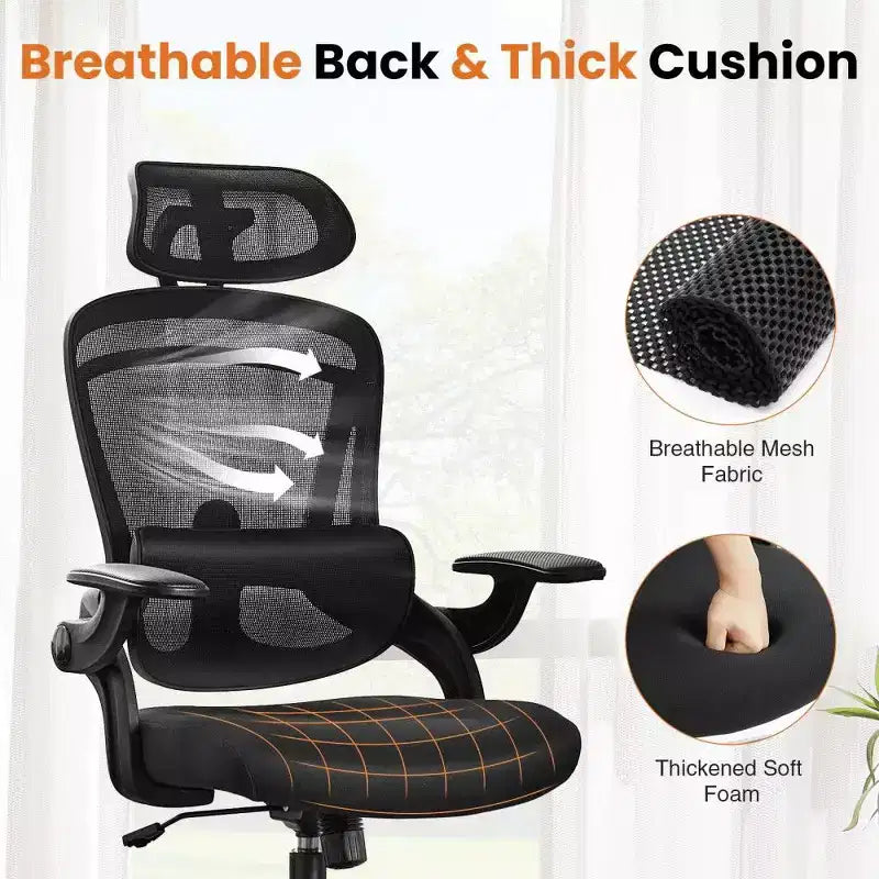 Sedia da ufficio ergonomica in rete con schienale alto, supporto lombare e poggiatesta regolabili, braccioli ribaltabili, portata 125 kg