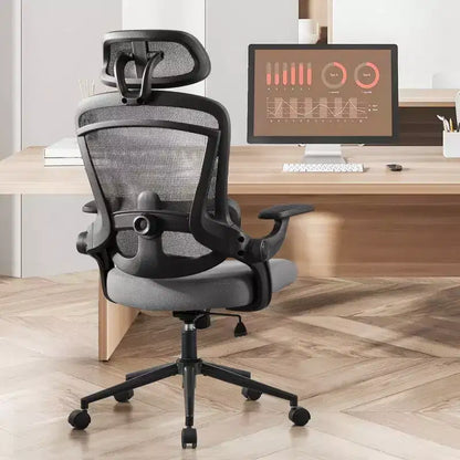 Sedia da ufficio ergonomica in rete con schienale alto, supporto lombare e poggiatesta regolabili, braccioli ribaltabili, portata 125 kg