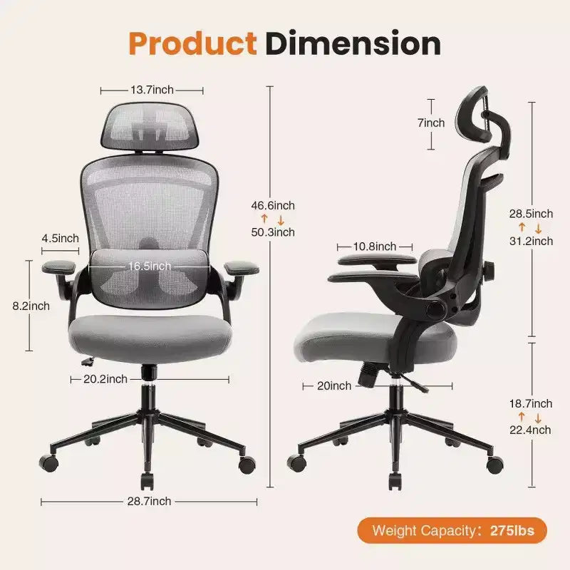 Sedia da ufficio ergonomica in rete con schienale alto, supporto lombare e poggiatesta regolabili, braccioli ribaltabili, portata 125 kg