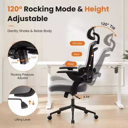 Sedia da ufficio ergonomica in rete con schienale alto, supporto lombare e poggiatesta regolabili, braccioli ribaltabili, portata 125 kg