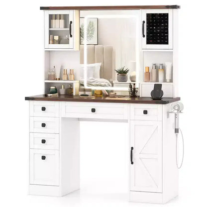 Costway Farmhouse Vanity Desk w/ Lighted Mirror Makeup Vanity Table w/ 3 Doors