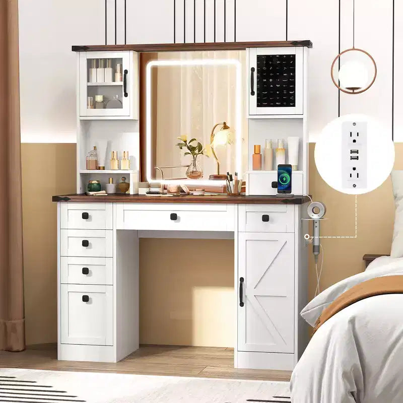 Cassettiera da trucco in stile rustico con specchio illuminato, 3 colori di luce, 7 cassetti, stazione di ricarica