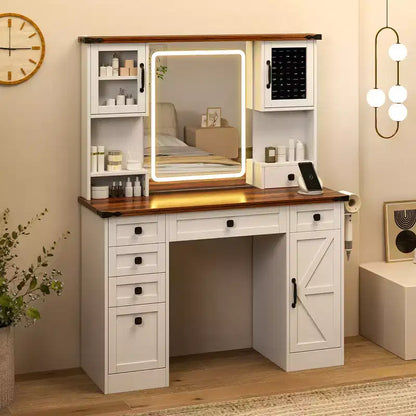 Cassettiera da trucco in stile rustico con specchio illuminato, 3 colori di luce, 7 cassetti, stazione di ricarica