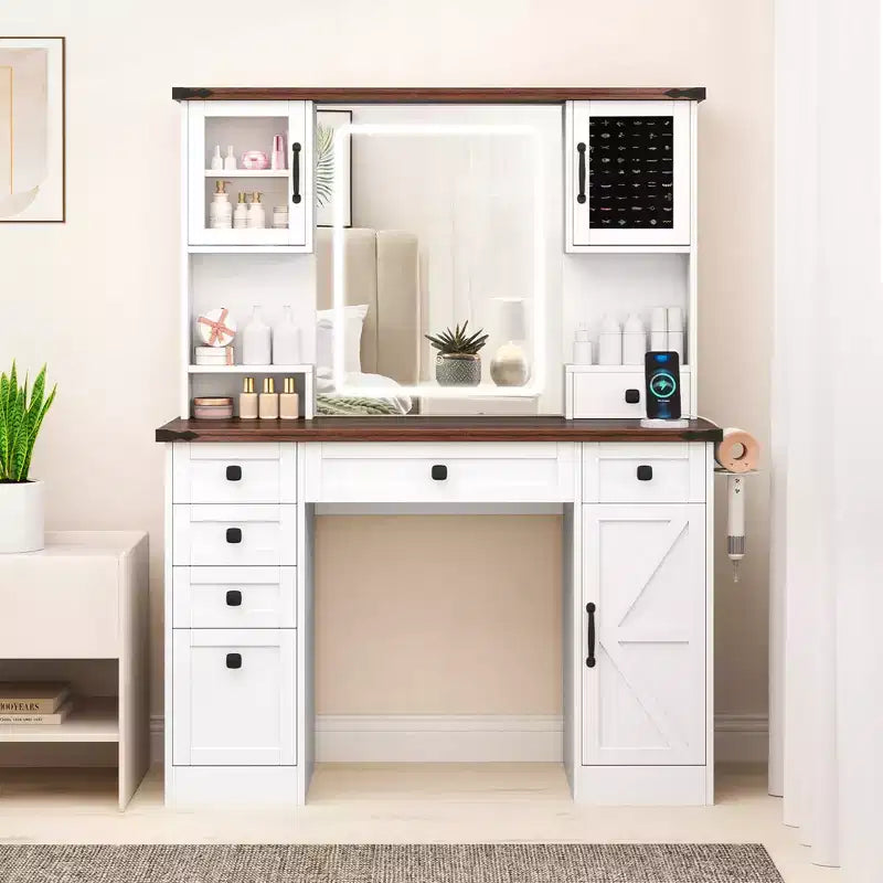Cassettiera da trucco in stile rustico con specchio illuminato, 3 colori di luce, 7 cassetti, stazione di ricarica