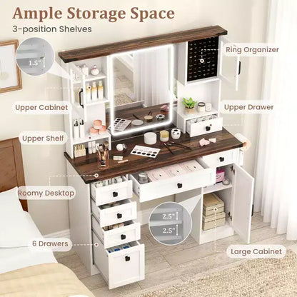 Cassettiera da trucco in stile rustico con specchio illuminato, 3 colori di luce, 7 cassetti, stazione di ricarica