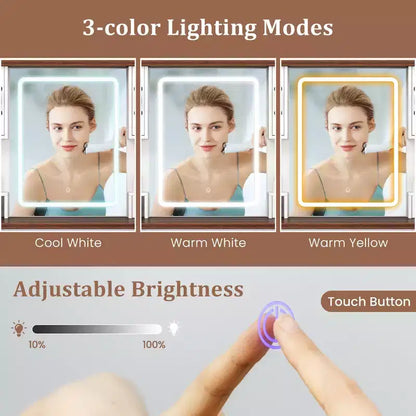 Cassettiera da trucco in stile rustico con specchio illuminato, 3 colori di luce, 7 cassetti, stazione di ricarica