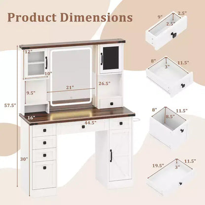Cassettiera da trucco in stile rustico con specchio illuminato, 3 colori di luce, 7 cassetti, stazione di ricarica