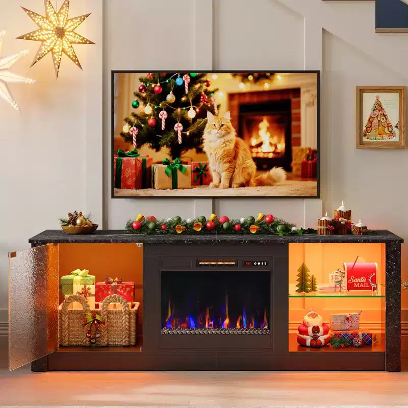 Bestier 63 Fireplace TV Stand for TVs Up to 70, LED Entertainment Center with Storage Shelves & Cabinet, Media Console with Remote Control Heater