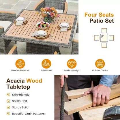 Set da pranzo da patio per 4, tavolo e sedie da esterno in rattan per tutte le stagioni con piano in legno di acacia